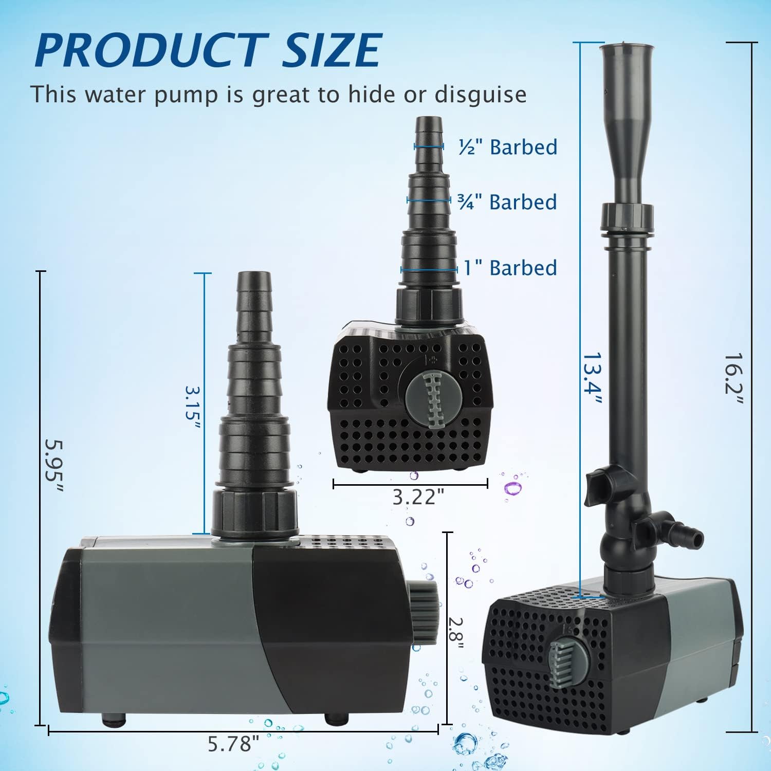 (HSUP3000F) Submersible Water Pump With Fountain Jets - Pond Pump - Submersible Pump - Water Fountain Pump - Aquarium Pump