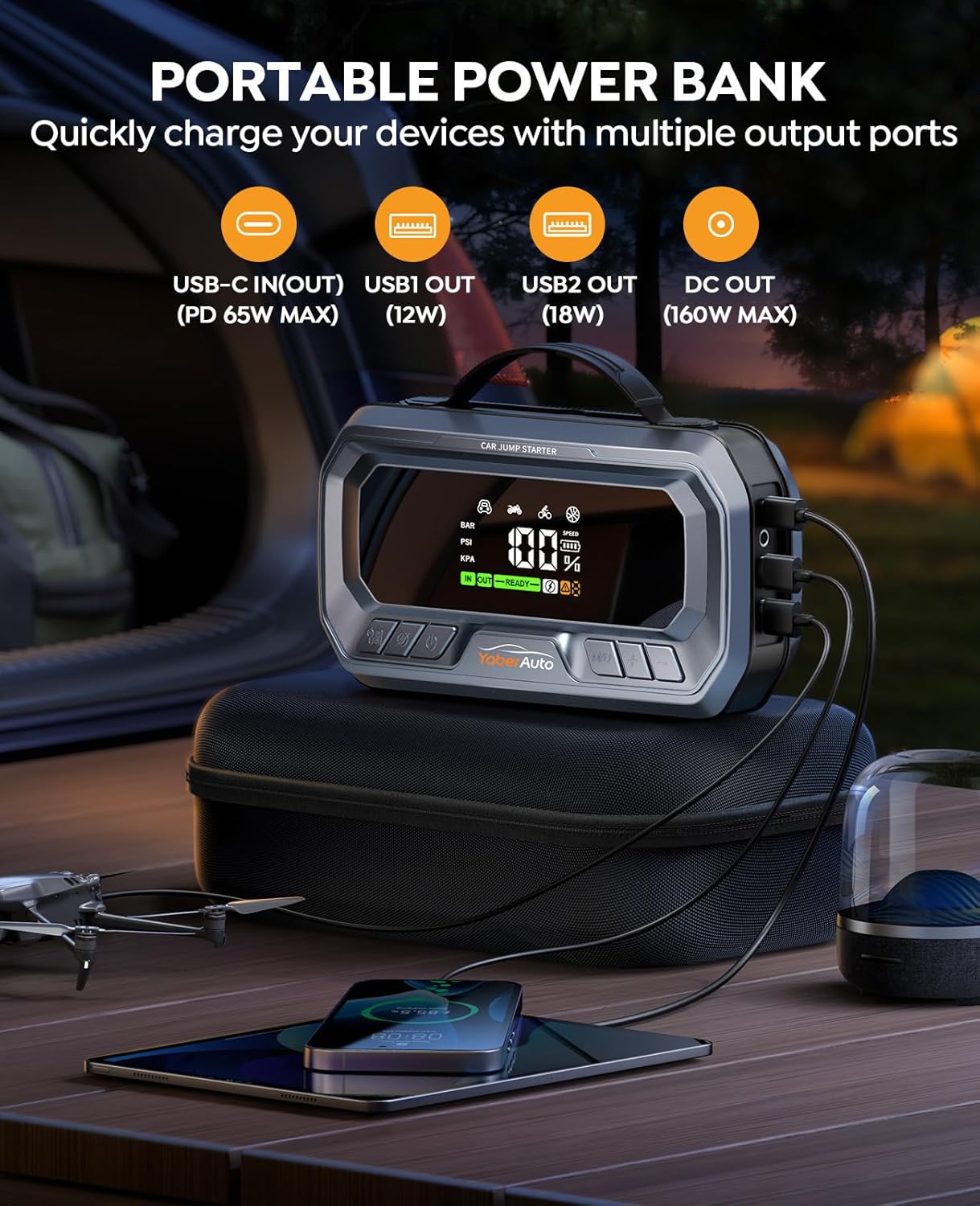 10-in-1 Jump Starter with Air Compressor 160PSI 65W Charging, Portable Car Battery Jump Starter (12L Diesel) Jump Box Car Battery Jumper Starter Porta