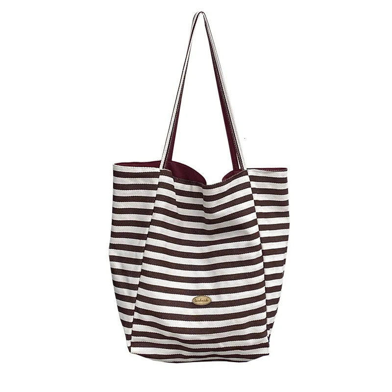Casual Striped Canvas Shoulder Bags for Women Large Capacity Ladies Shopping Tote Bag Double-sided Simple Female Handbags 250526