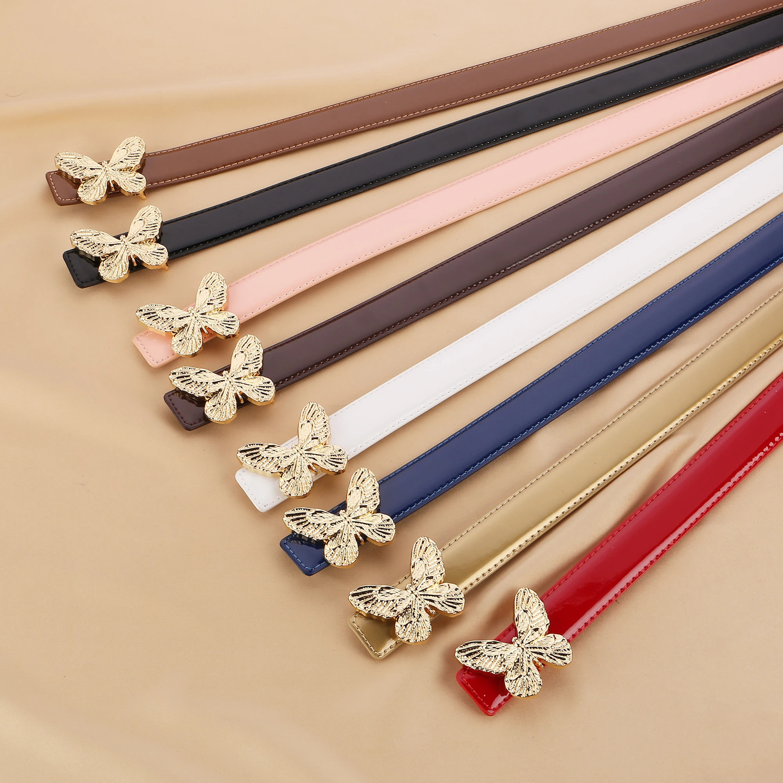 Elegant Womens Belts Pink Y2k Belt Fashion Gold Butterfly Buckle Belt Black Brown Ladies Leather Belts for Jeans Dresses 250527