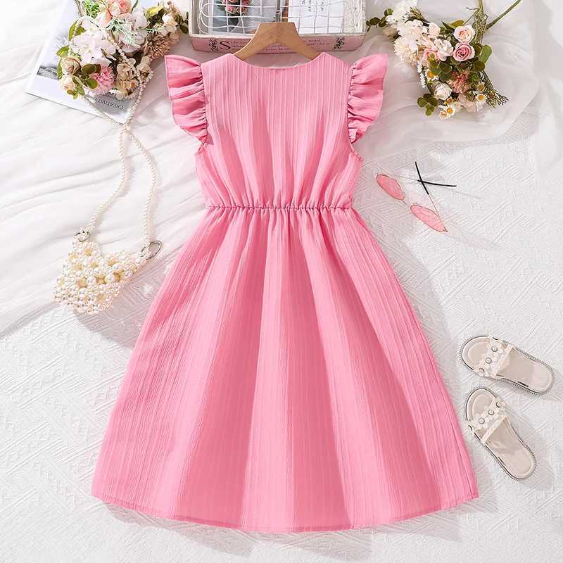 Kids Dresses for Girls 8-12 Years Pink Small Flying Sleeves V-Neck Dress 2024 New Summer Teenager Sweet Casual Daily Dress X250528