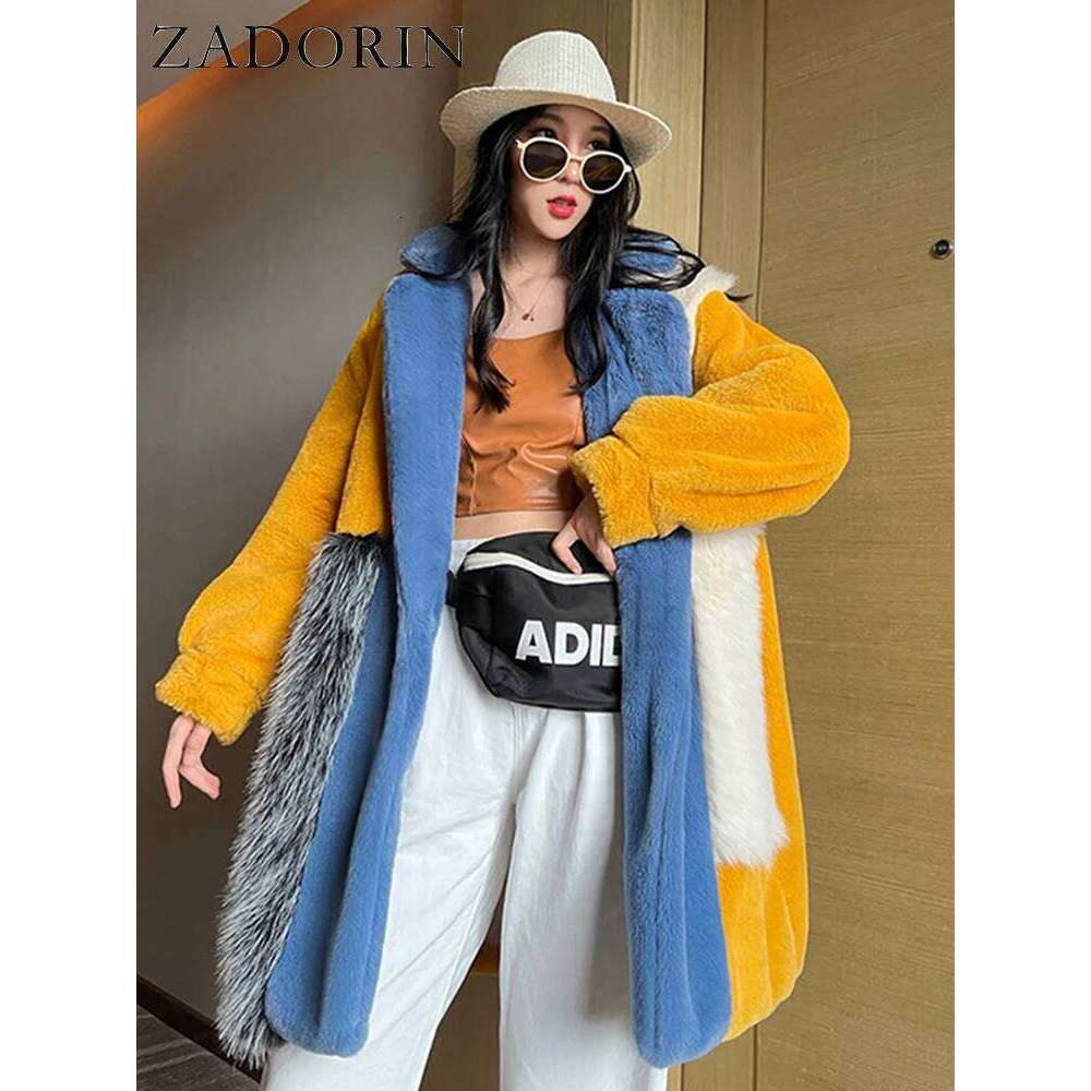 ZADORIN 2024 Winter Jackets for Furry Warm Splicing Contrast Color Blue Faux Fur Coat Long Jacket Cardigan Women