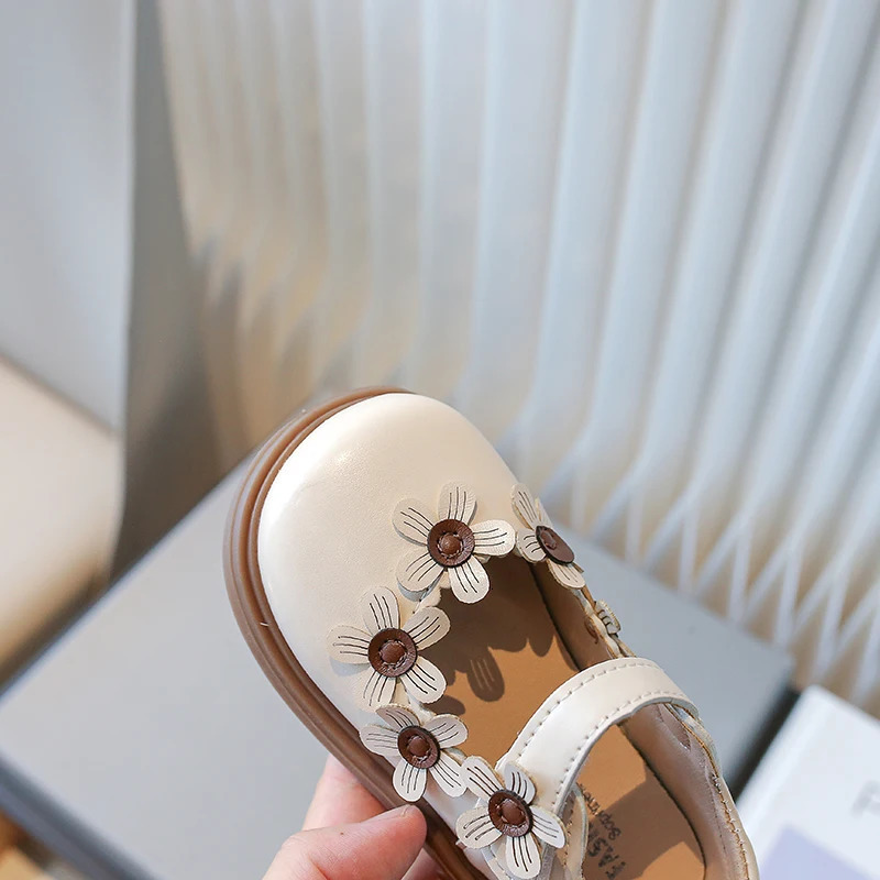 Girls Mary Janes Appliques Flower Lovely Beige Pink Children Leather Shoe Spring Comfy All-match Daily Elegant Kids Shoe 21-30 250528