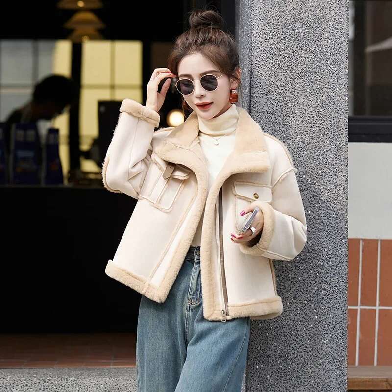 Women's Winter Thickened Lamb Jacket Deer Skin Veet Biker Style Coat Integrated Leather And Fur Short Outerwear