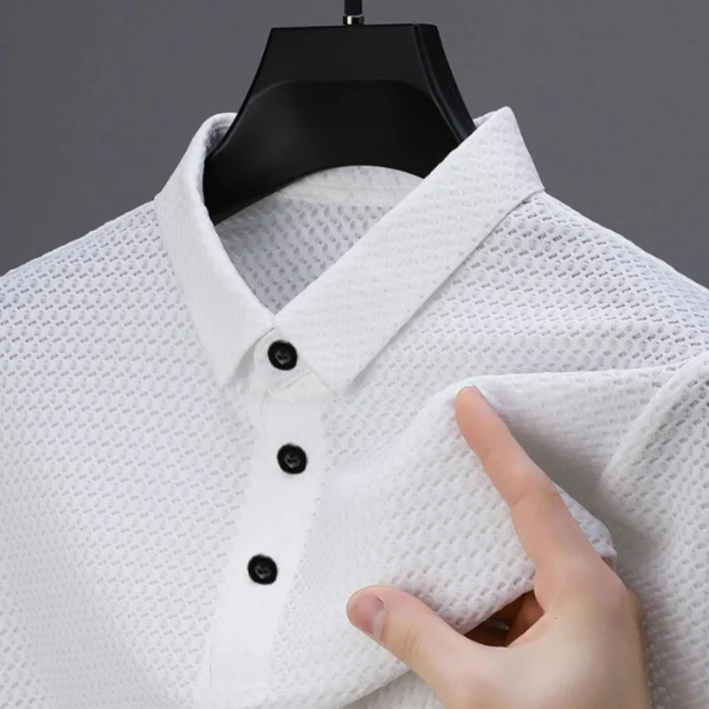 Summer T-shirt net ice silk breathable Short sleeve mens shirt collar solid Polo shirt Half sleeve mens clothing 250526