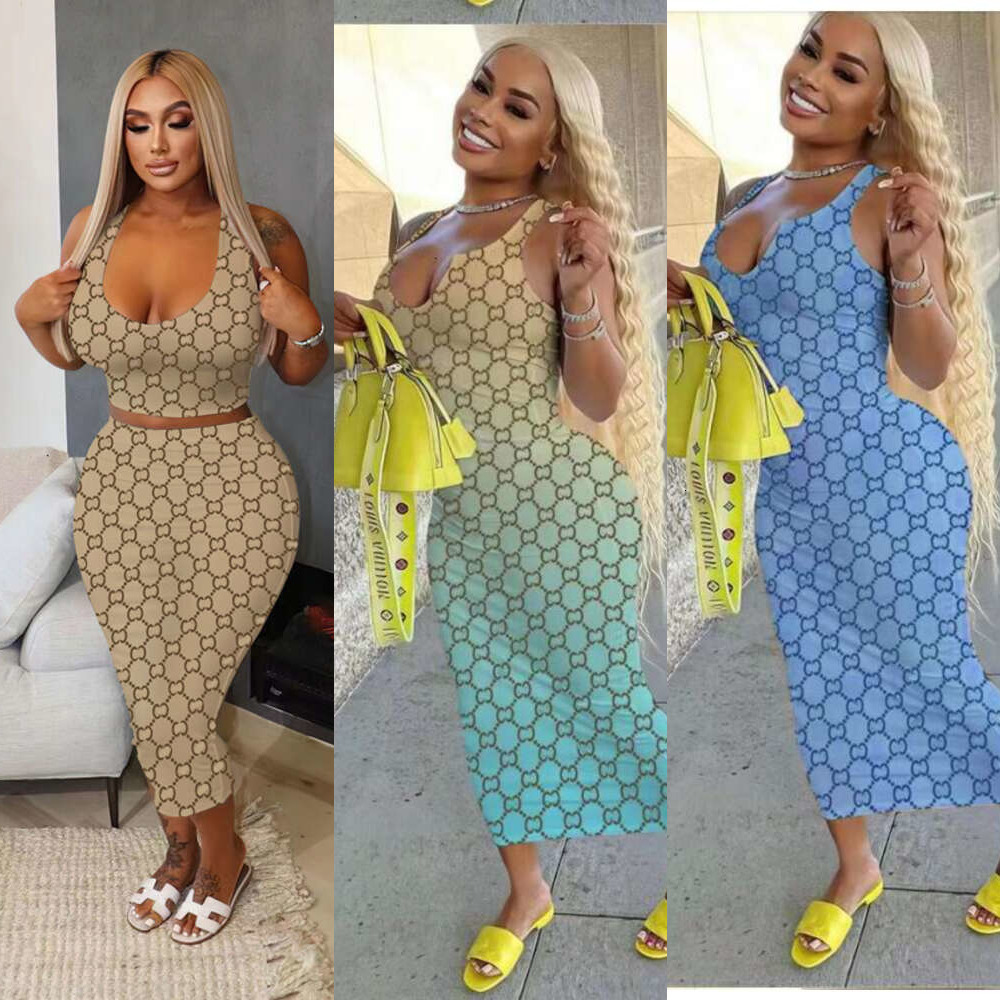 Designer Casual Bodycon Long Dresses For Women Tank Top Buttock Print Robe Longue Femme Dress Two Or One Piece Skirts Set Sexy Slim Womens Maxi Dresses