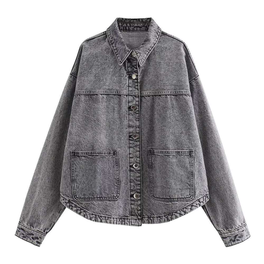 UNIZERA Summer New Women's Loose Casual Polo Collar Long Sleeve Patch Bag Decoration denim jacket