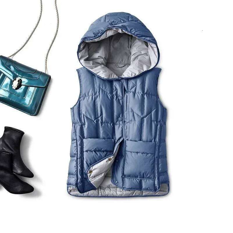 New 90% White Duck Sleeveless Jackets Autumn Winter Female Hooded Ultra Light Down Korean Office Lady vest coat