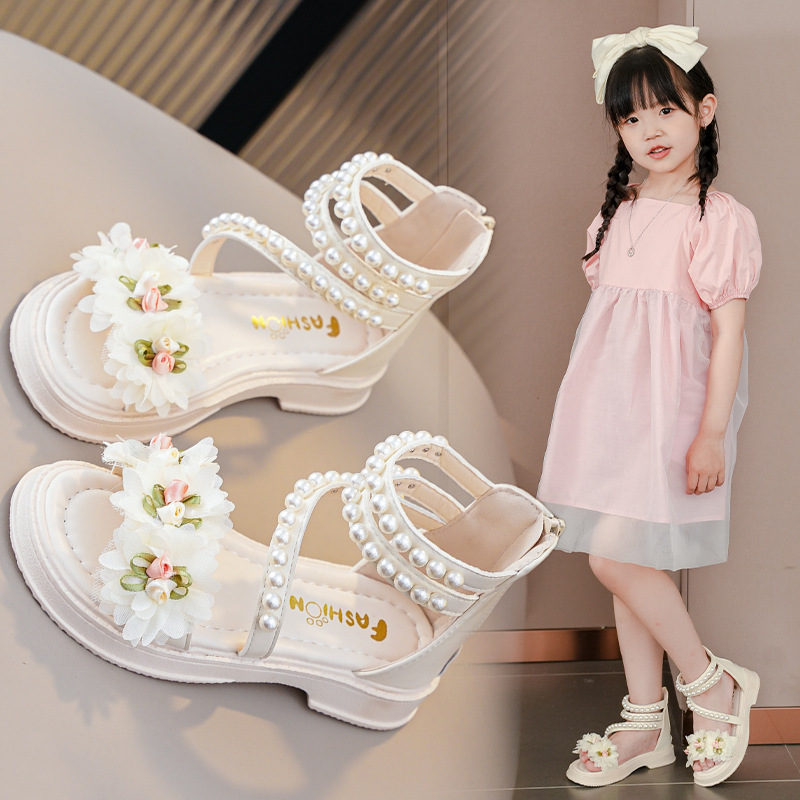 Girl Sandals Summer Toddler Sandals for Girls Fashion Sweet Kidsnest Kids Causal Pearl Roman Sandals Solid Color Sizes US7C-US5Y K0702