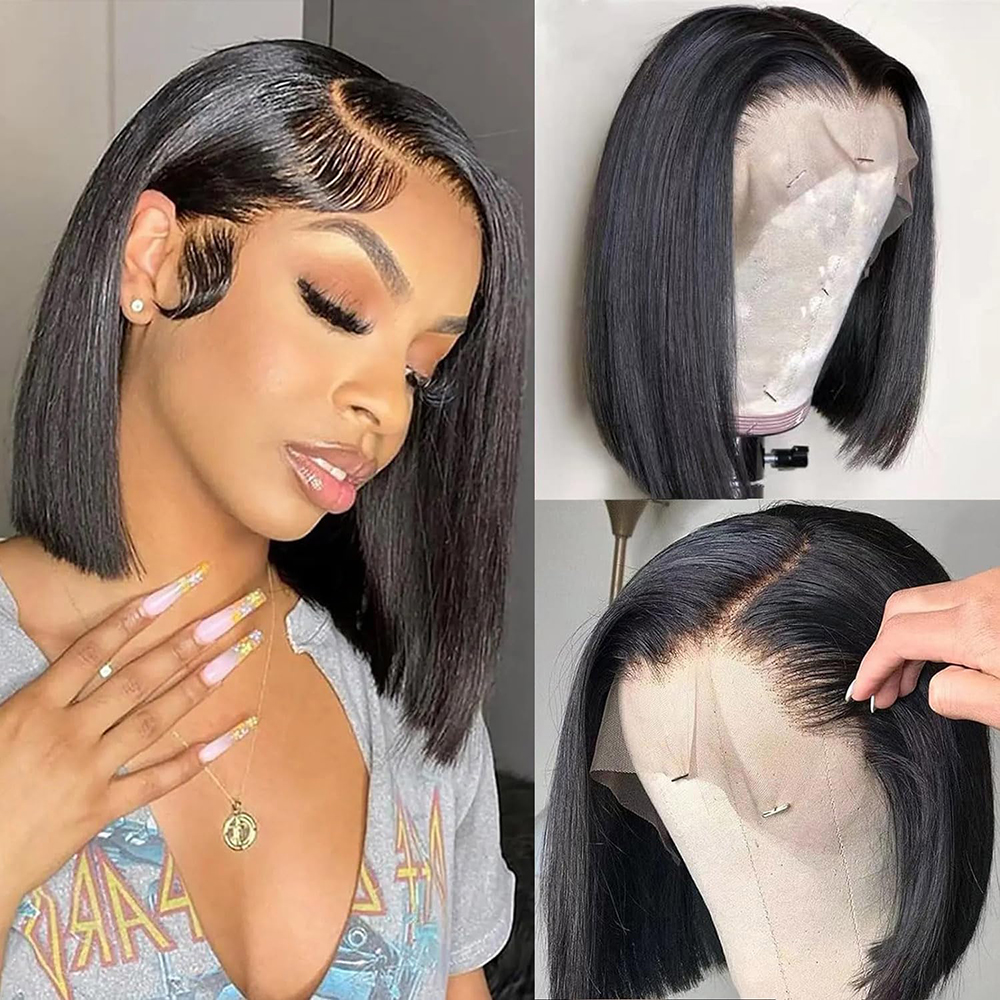 Brazilian Straight Short Bob Wig Black Simulation Human Hair 13x4 Lace Wigs Pre Plucked with Baby Hair Pre-Plucked 180% Density Lace Closure Synthetic