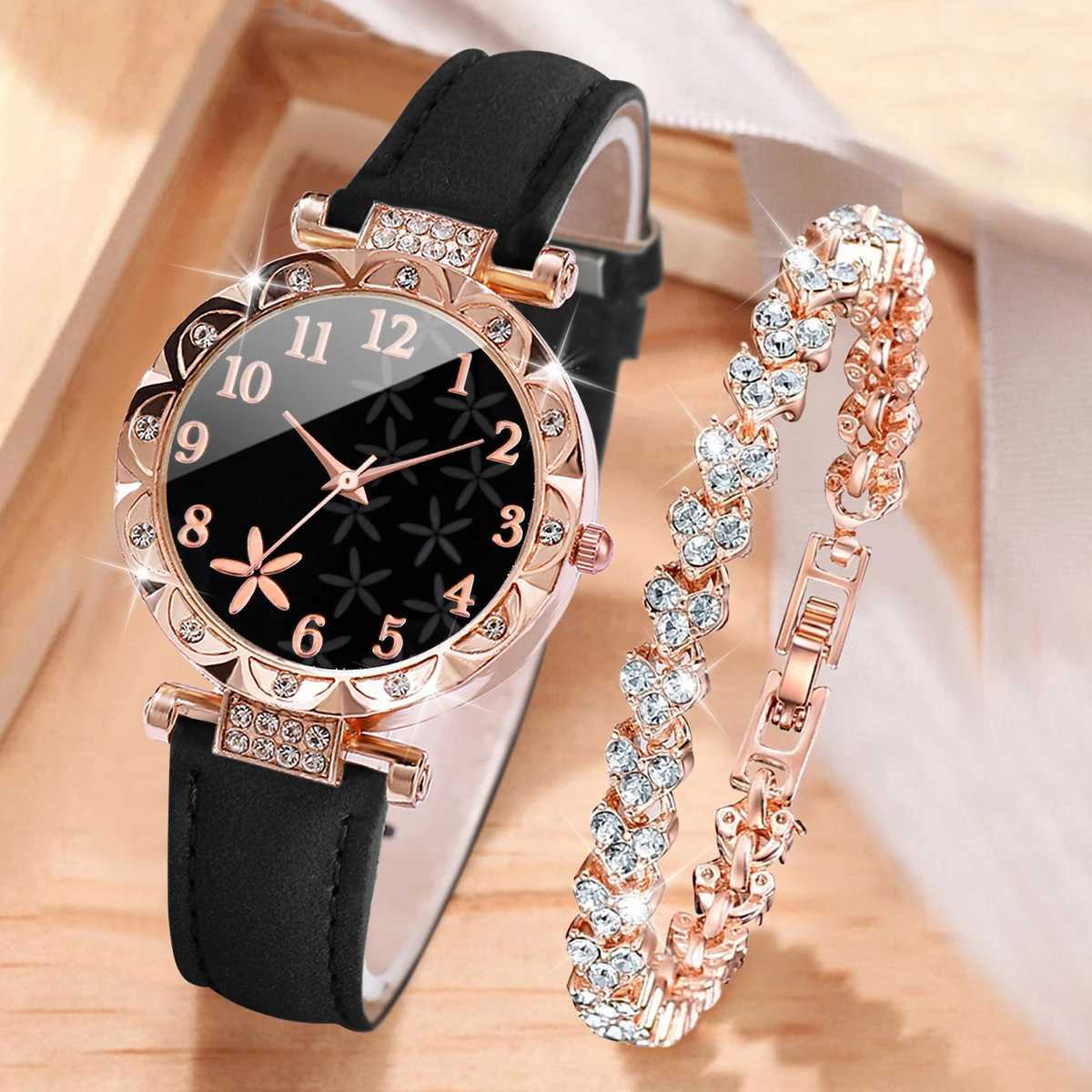 2PCS/Set Women Watches Rhinestone Heart Bracelet Set Fashion Flower Dial Female Leather Band Quartz Wristwatch XJ250527