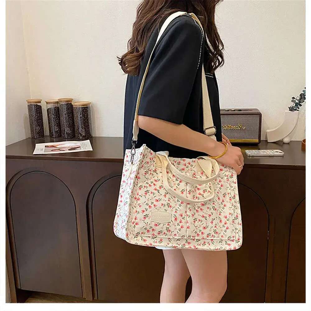 Cherry Tote Women Canvas Patched Purse Cute Shoulder Bag Multi-Pocket Satchel Handbag For Work Travel New 2024