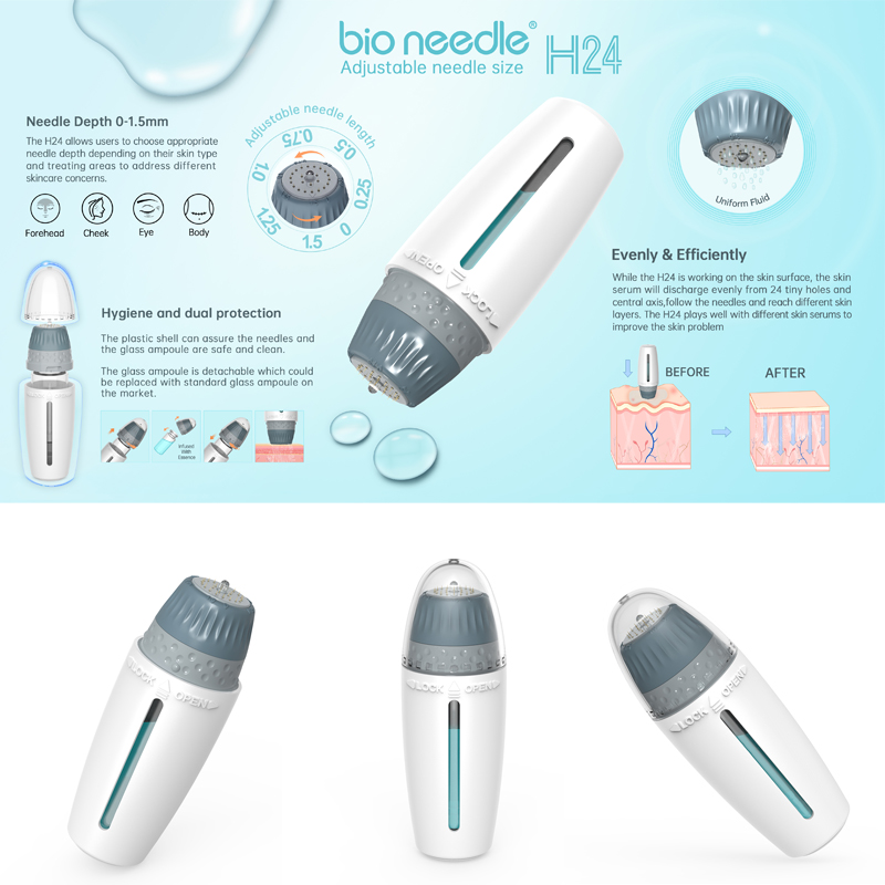 Bio Needle H24 Microneedle Stamp Therapy Adjustable Needle Size 0-1.5mm Skin Care MTS Hair Re-grworth Beard Growth