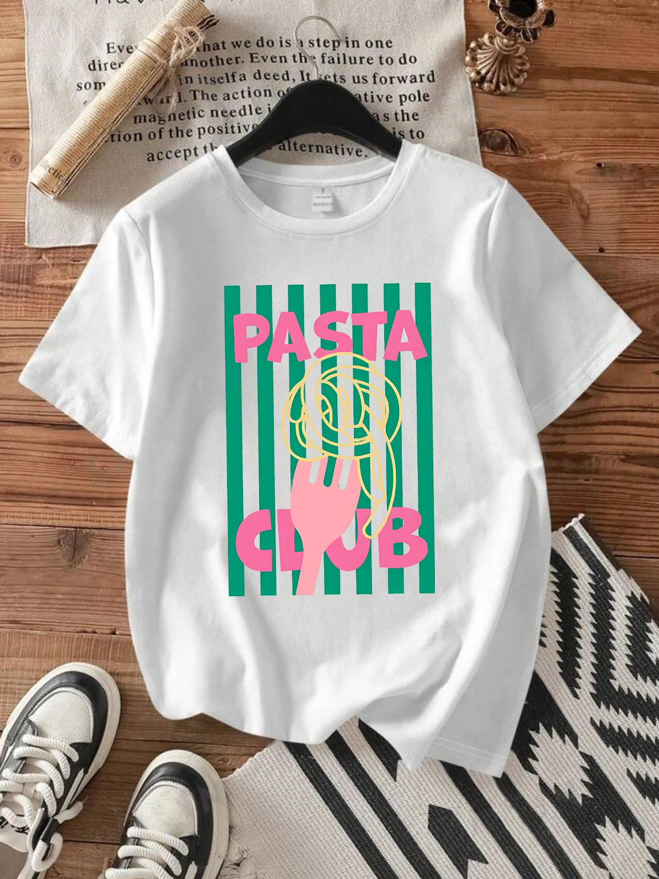 Pasta fork pattern round neck plus size women Tshirt short sleeve trend printing elastic half 250519