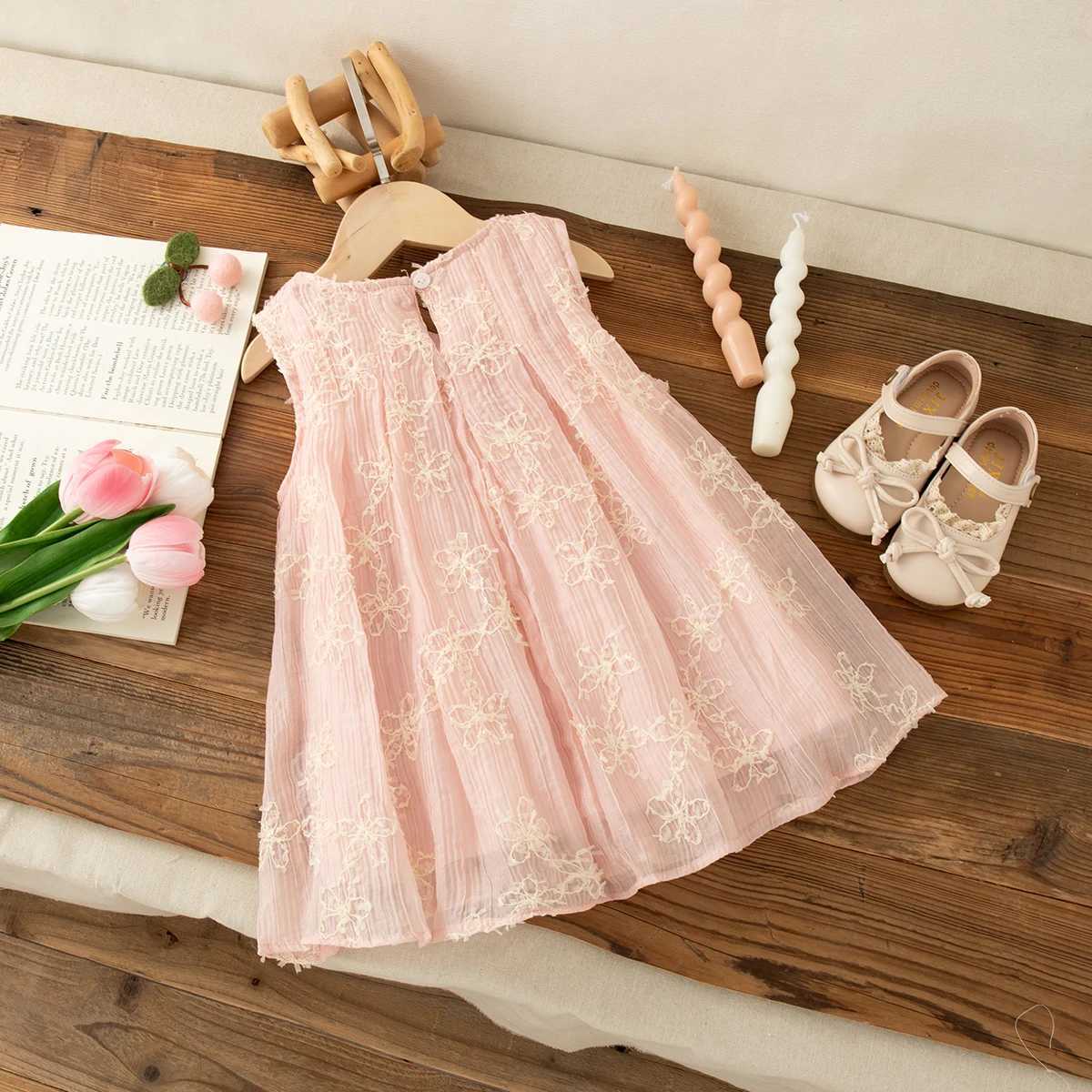 Girl Clothes Fashion Flower Decoration Sweet Pink Sleeveless Gauze Dress Summer Beach Dress Kids Clothes X250528