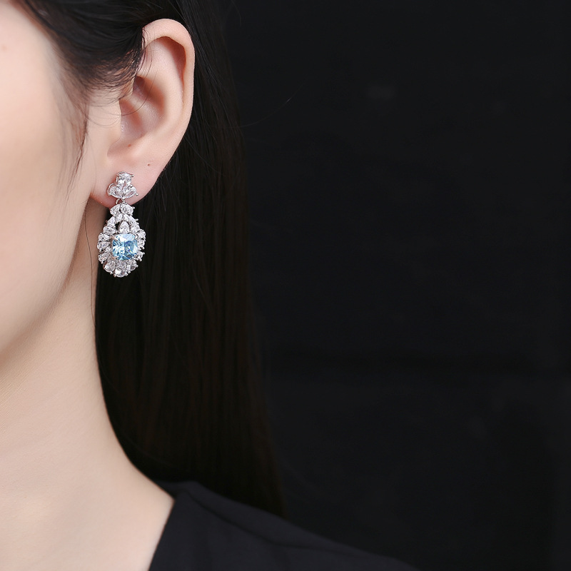 S925 Sterling Silver High-Carbon Diamond Ocean-Blue Square Stone Stud Earrings, Ice Flower Cut Long Drop Earrings, European and American Luxury Women&