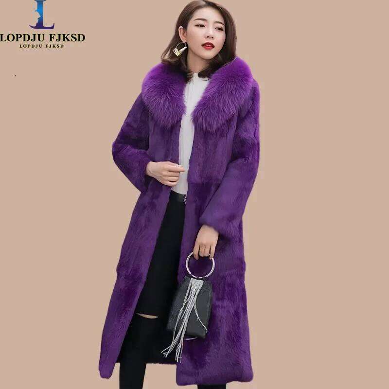 Real genuine natural full pelt rabbit coat with fox fur collar women fashion jacket custom any size 2024
