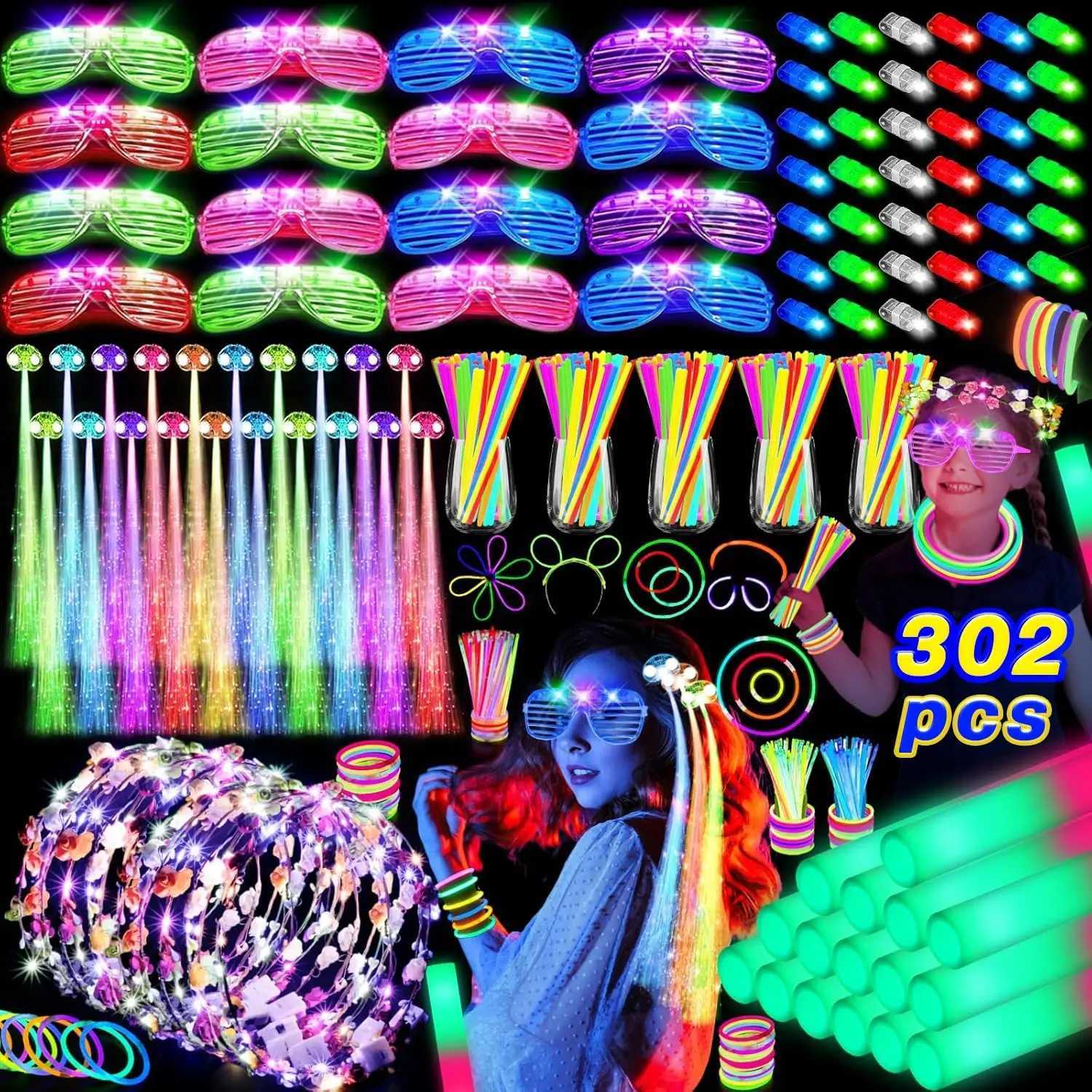 302 Pcs Party Supplies 20 LED Hair Clips 16 LED Glasses 16 Foam Sticks 10 Flower Crowns 40 Finger Lights 200 Glow Sticks W250528