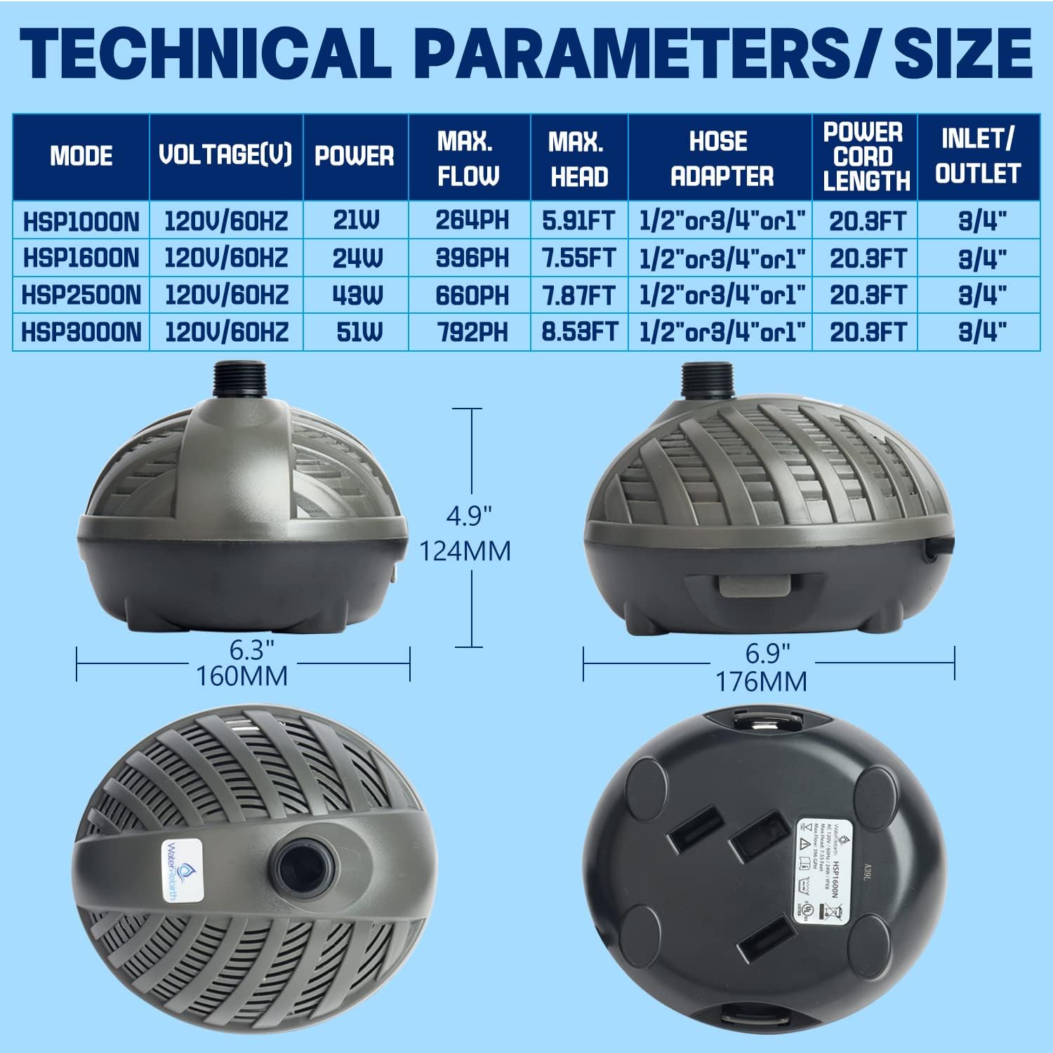 HSP2500N Submersible Water Pump With Fountain Jets - Pond Pump - Submersible Pump - Water Fountain Pump - Aquarium Pump (660GPH Turtle shell)