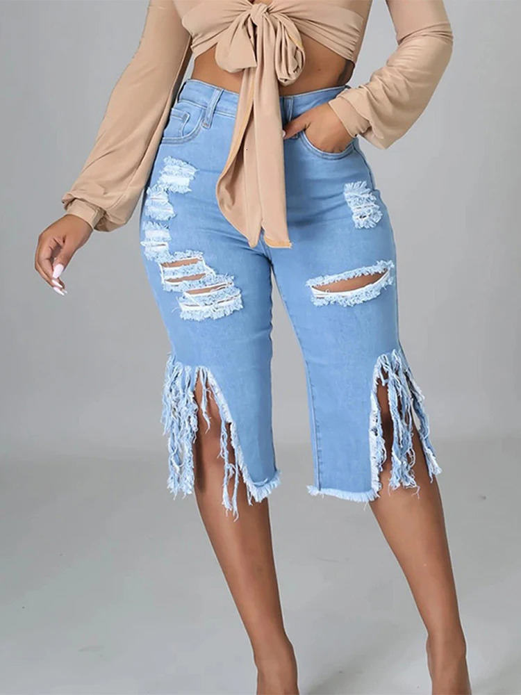 Knee Length Short Jean Chic Washed Tassel Ripped High Waist Holes Denim Pant Spliced Pockets Skinny Distressed Streetwear 250516Z