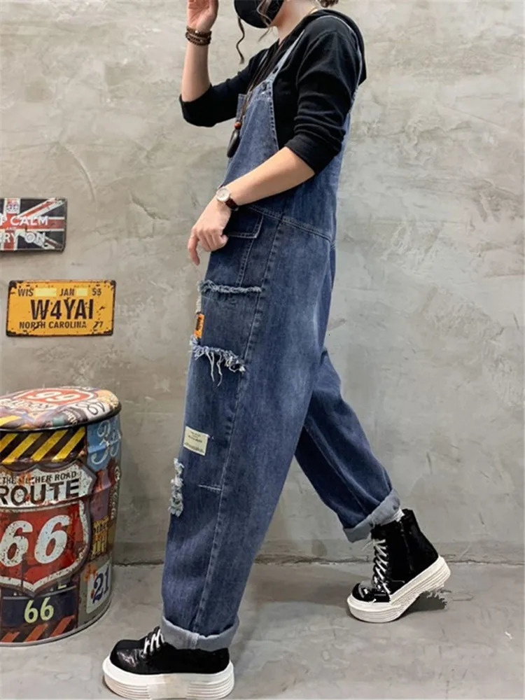 Women Clothes Spring summer Fashion Denim Jumpsuit Vintage Hole Trendy Trousers Wide Leg Dungarees Straps Baggy Suspender Jeans 250523