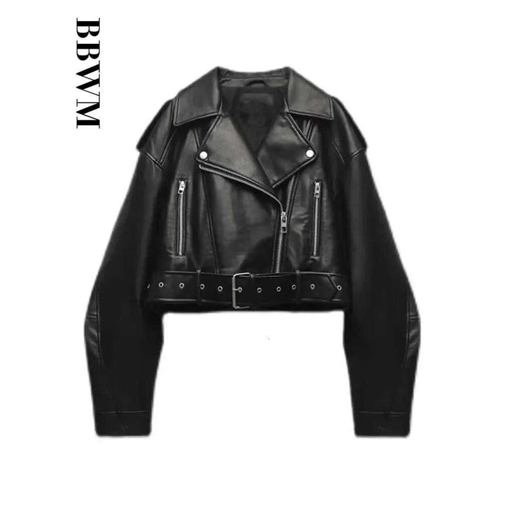 TRAF Women Oversized Vintage Loose Pu Faux Leather Short Jacket with Belt Streetwear Female Zipper Retro Moto Biker Coat Outwear