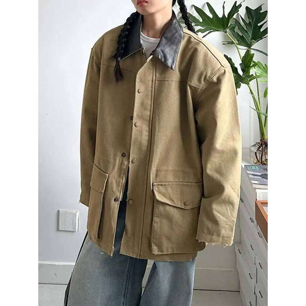EAM Khaki Leather Collar Big Size Casual Jacket New Lapel Long Sleeve Women Coat Fashion Tide Spring Autumn 2025 1DH8168