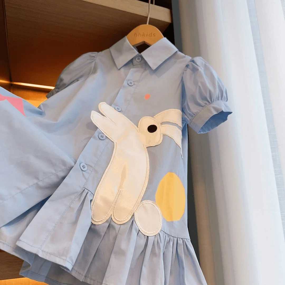 New Arrivals Girls Dress Summer Fashion Kids Turn-down Collar Puff Sleeve Dress Cute Rabbit Cotton Princess Dress Casual Style X250528