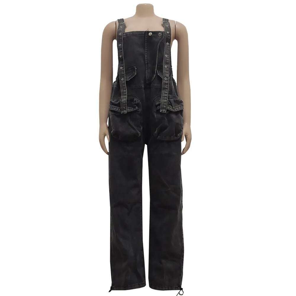 Womens Jumpsuit S-3xl Denim Cargo One Piece Outfits Wide Leg Black Fashion Streetwear New Romper Wholesale Dropshipping