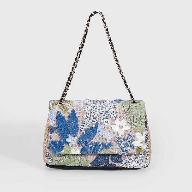 Handmade Embroidered Sequin Underarm Shoulder Bag,Summer Floral Niche Designer Hemp Woven Flap Bag,Exquisite Gorgeous Handbag