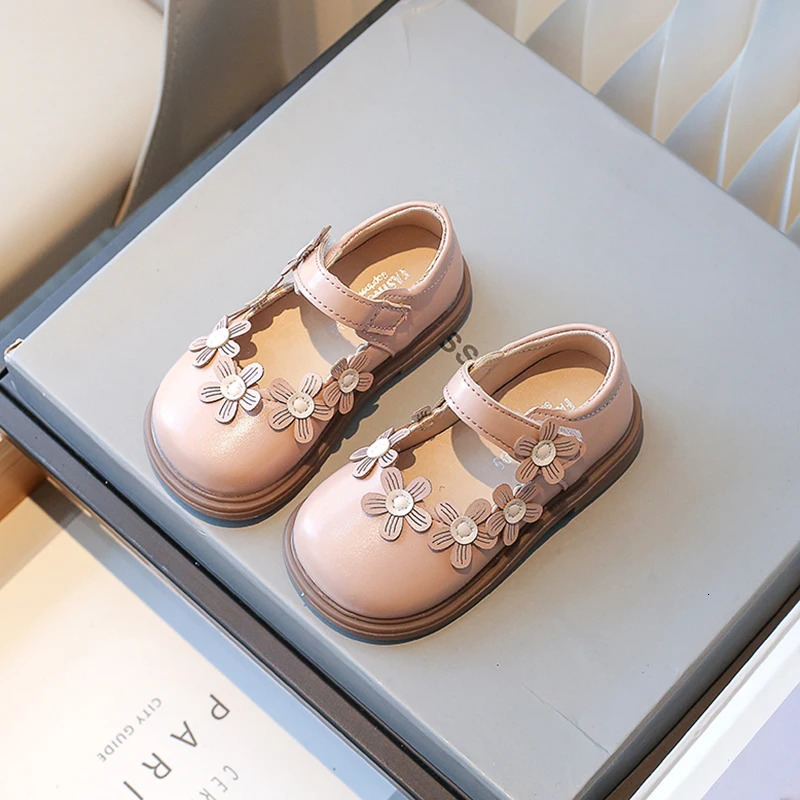 Girls Mary Janes Appliques Flower Lovely Beige Pink Children Leather Shoe Spring Comfy All-match Daily Elegant Kids Shoe 21-30 250528