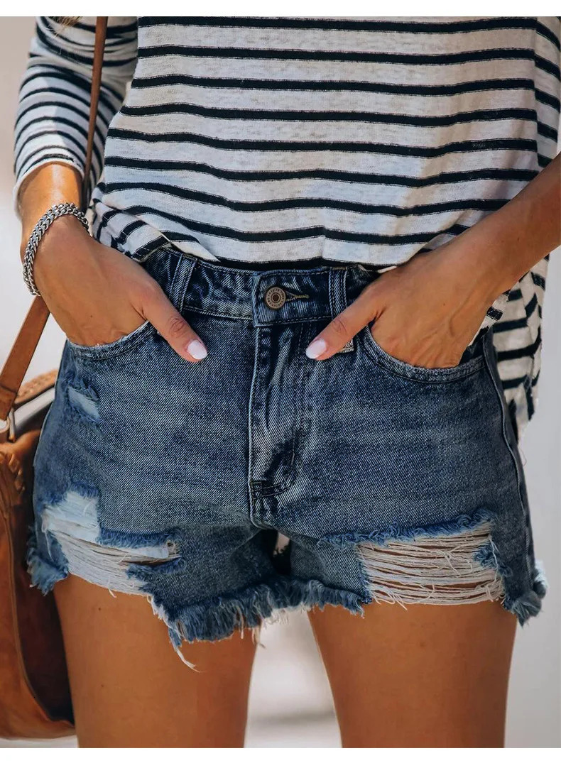 Summer Womens Ripped Denim Shorts Fashion High Elastic Tassel Straight Jeans Shorts Casual Sexy Ladies Shorts 250520