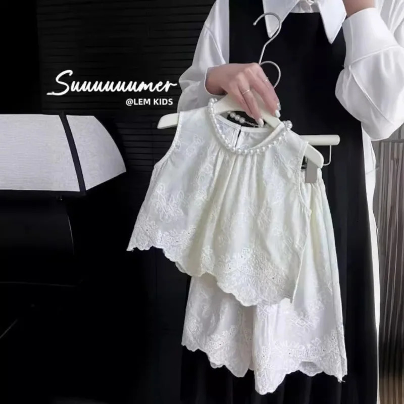 Girls Summer Set Korean Baby Lace Fashionable Short Sleeve Doll Shirt Plaid Casual Pants 250528