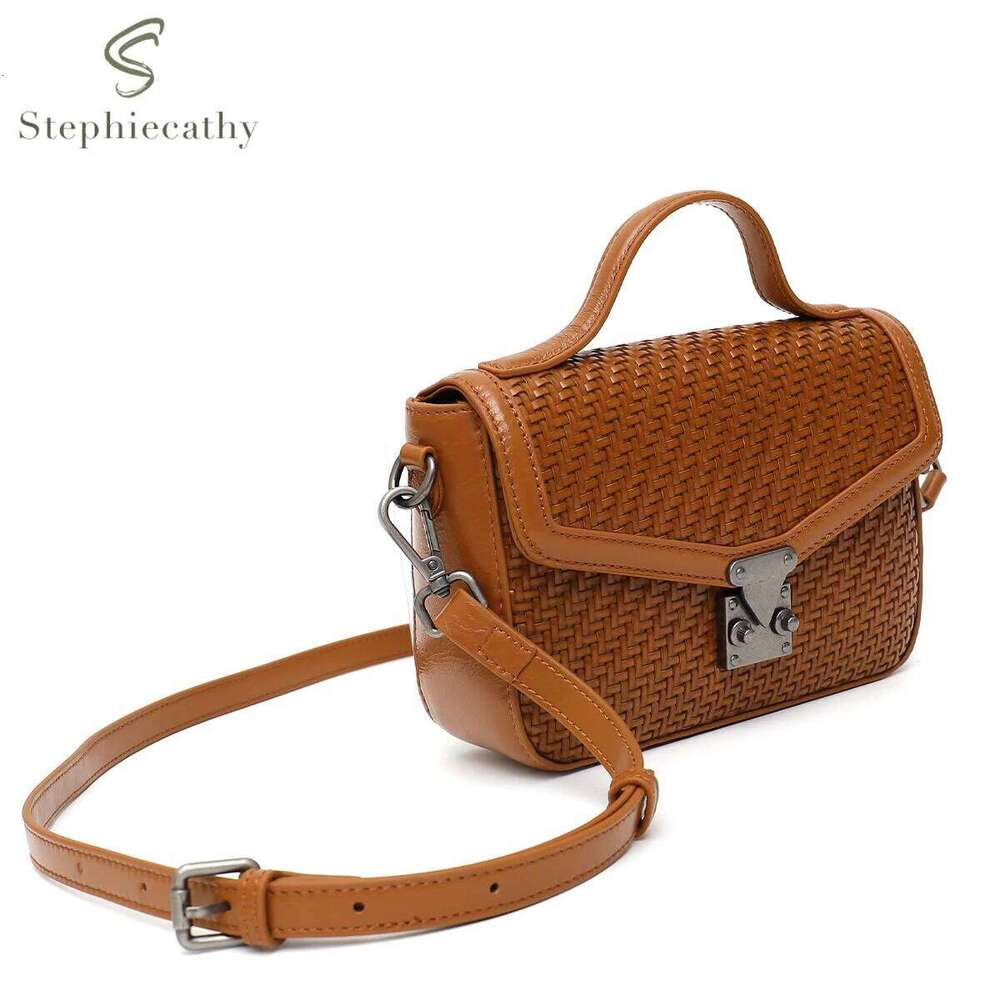 Women Handmade Woven Leather Messenger Bag Vintage Lock Flap Top-Handle Square Purse Small Portable Cross Body Shoulder Handbag