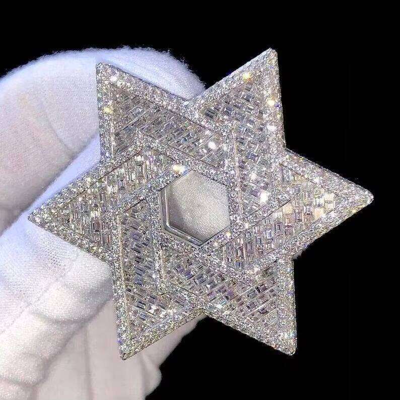 VVS Dia Sier Moissanite Fully Iced Baguette Hip Hop Style Star Shape Pendant with Gift Box