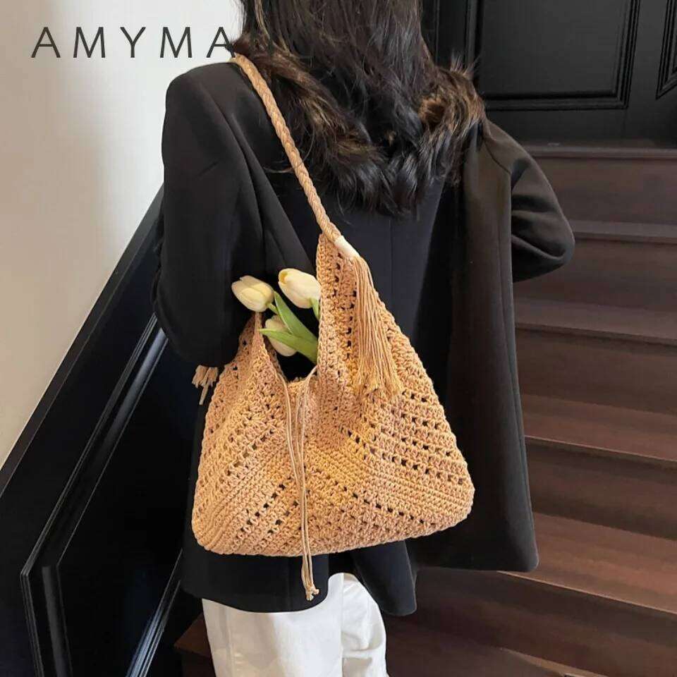 Lazy Style Relaxation Feeling Large Capacity Woven Women's Summer Seaside Vacation One-Shoulder Beach Straw Tote Bag