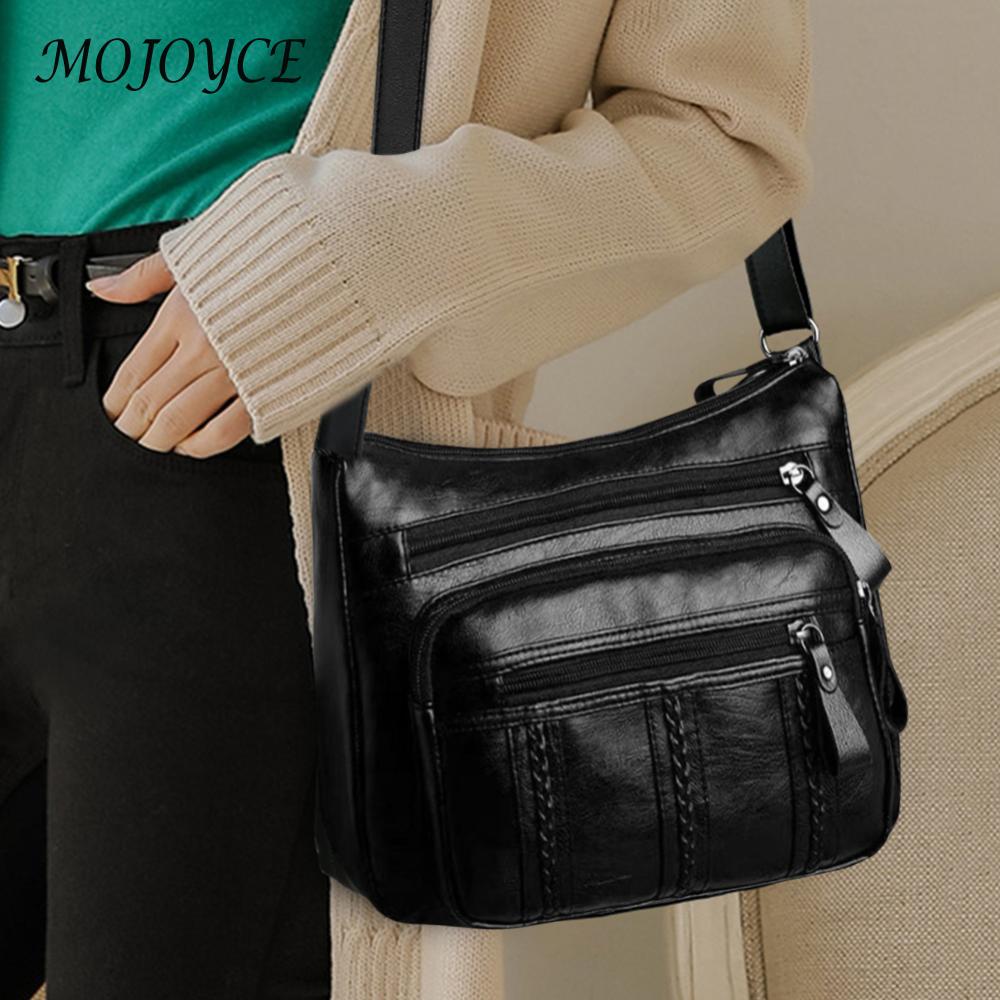 Soft Leather Women Solid Crossbody Bags Braided Multi Pocket Shoulder Handbags