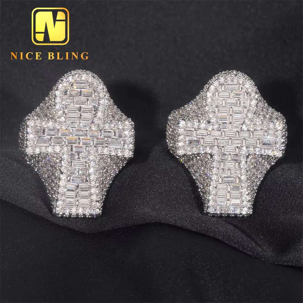 Hot Selling Hip Hop Ring Cross Full Pave Moissanite 925 Sterling Silver Ice Out Moissanite Men Diamond Ring