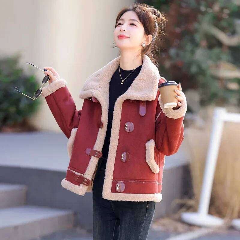 Women's Short Thickened Winter Jacket Fur Leather Integrated Lambskin Deer Veet Simulation Small Size Outerwear Coat