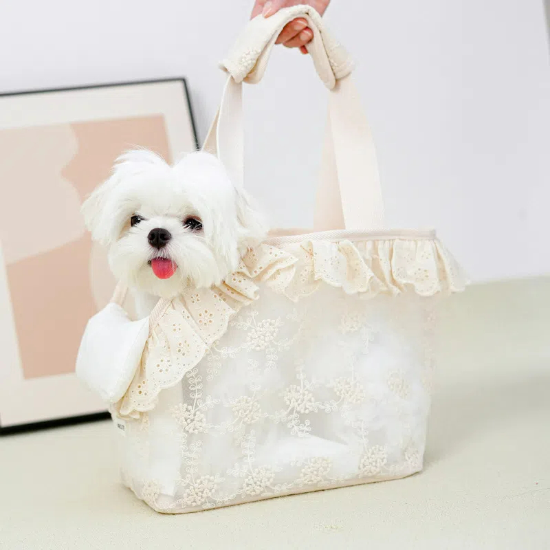 Elegant Lace Mesh Pet Carrier Tote Bag for Small Dogs & Cats - Breathable Travel Shoulder Bag with Safety Lock & Removable Cushion - Perfect for Summe