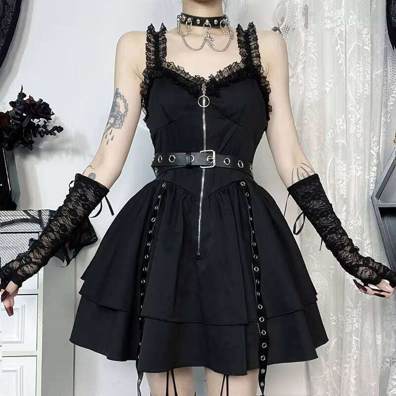 Y2k Black Gothic Lolita Shoulder Top Punk Style Bandage Mini Dress Women Sexy Dresses Club Clothes