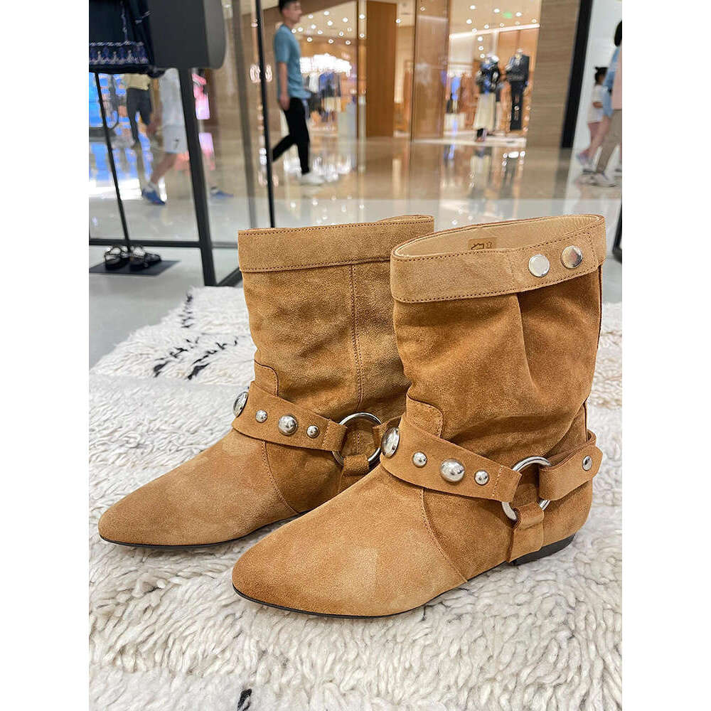 Niche Suede Metal Ring Pointed Toe Western Cowboy for Women 2024 New Flat Slim Short Boots