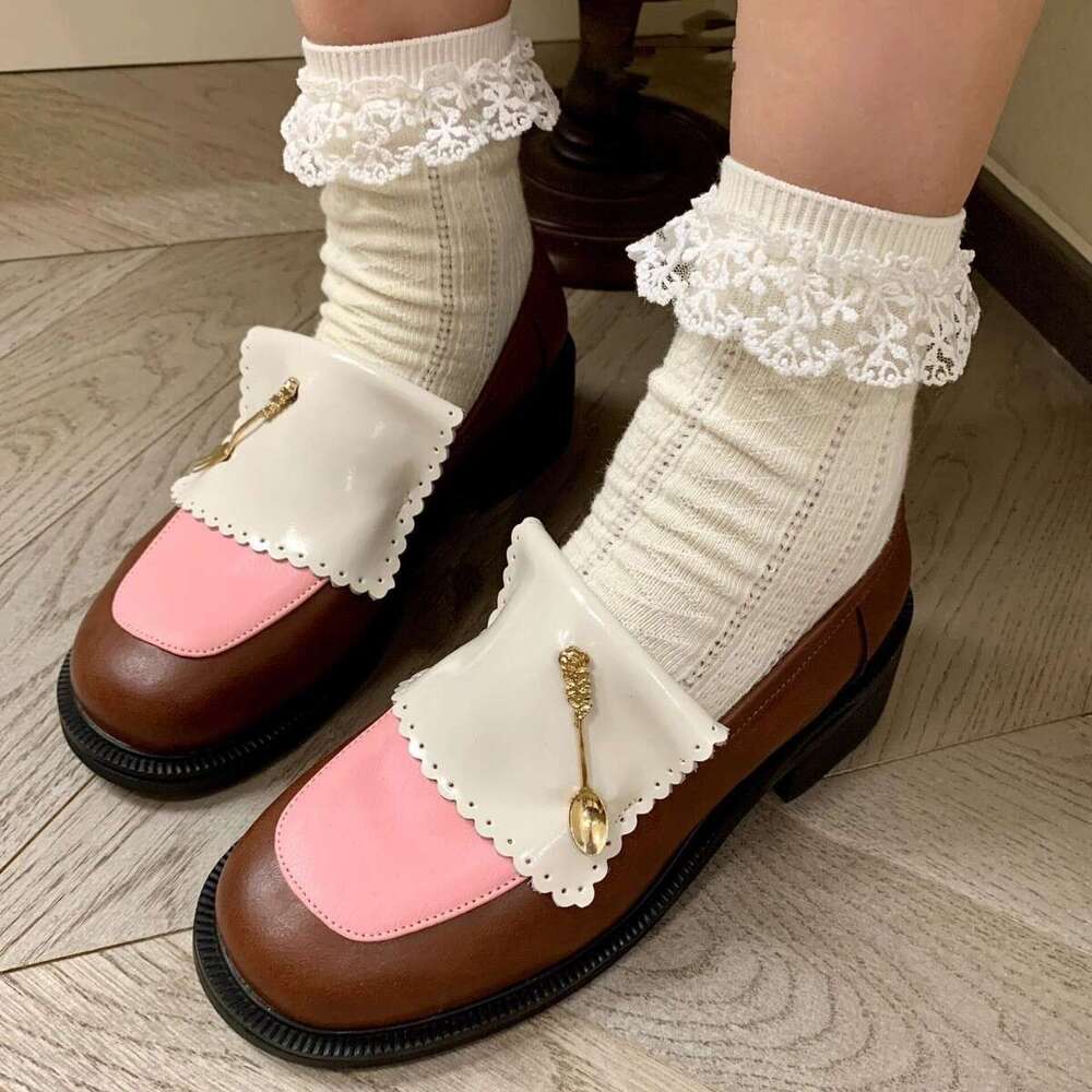 Genuine Gentle Style Niche Color Block Thick Sole Chunky Heel Round Toe Loafers for Women Spring and Autumn New Small Leather Deep Mouth Single Shoes
