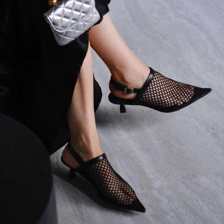 Niche Fishnet Breathable Pointed Toe Sandals for Women Summer New Mid Heel Stiletto Mules Slippers