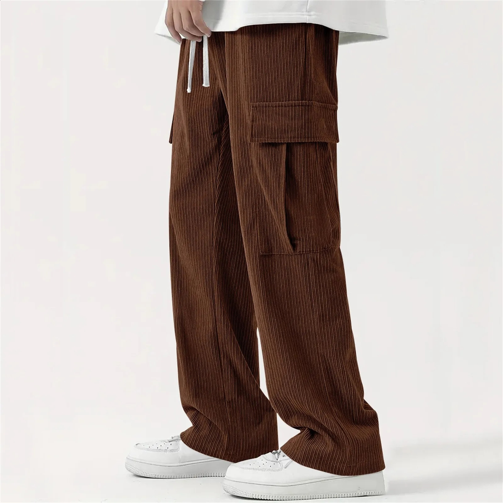 Mens Fashion Cargo Pants Corduroy Casual Workwear Straight Wide Leg Loose Versatile Elastic Waist Trousers With Drawsting 250527