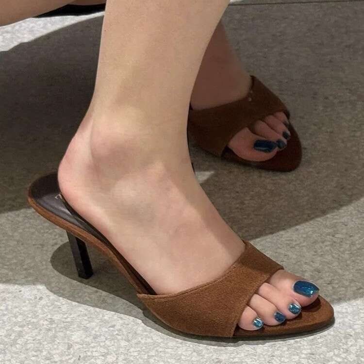 Genuine Leather Suede Minimalist Open-Toe One-Strap Sandals for Women, Outdoor Wear, Spring/Summer 2025, Versatile Stiletto High Heel Slippers