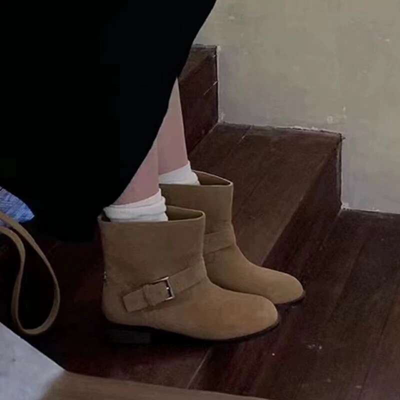 Korean Style Belt Buckle Round Toe Heel Low Short Martin Women Autumn Winter Wide Tube Chelsea Slim Boots