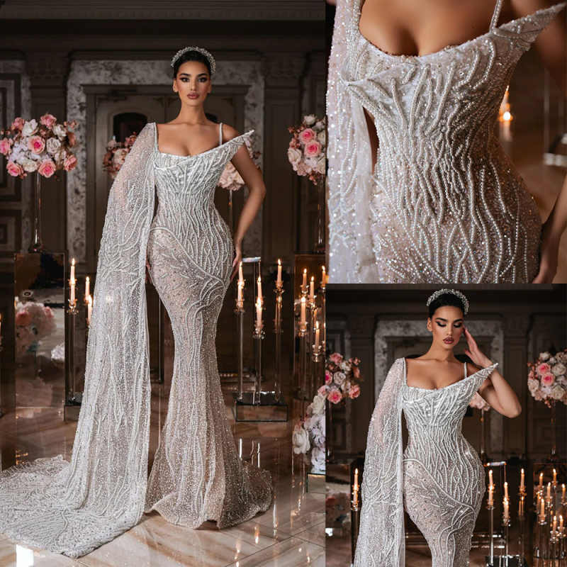 Glitter Pearls Wedding Dress Sparkly Sequined Lace Mermaid Bridal Gown Fashion One Shoulder Beaded Bride Dresses Customized
