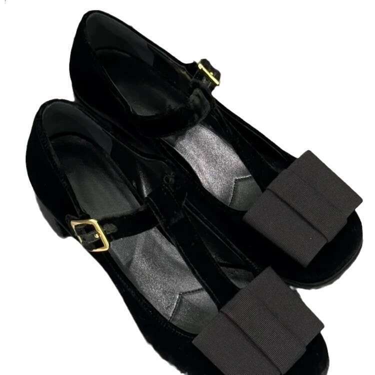 French Style Genuine Leather Square Toe Mary Jane with One-Strap Buckle for Women, Spring and Autumn New Thick Heel T-Strap Bowknot Shoes