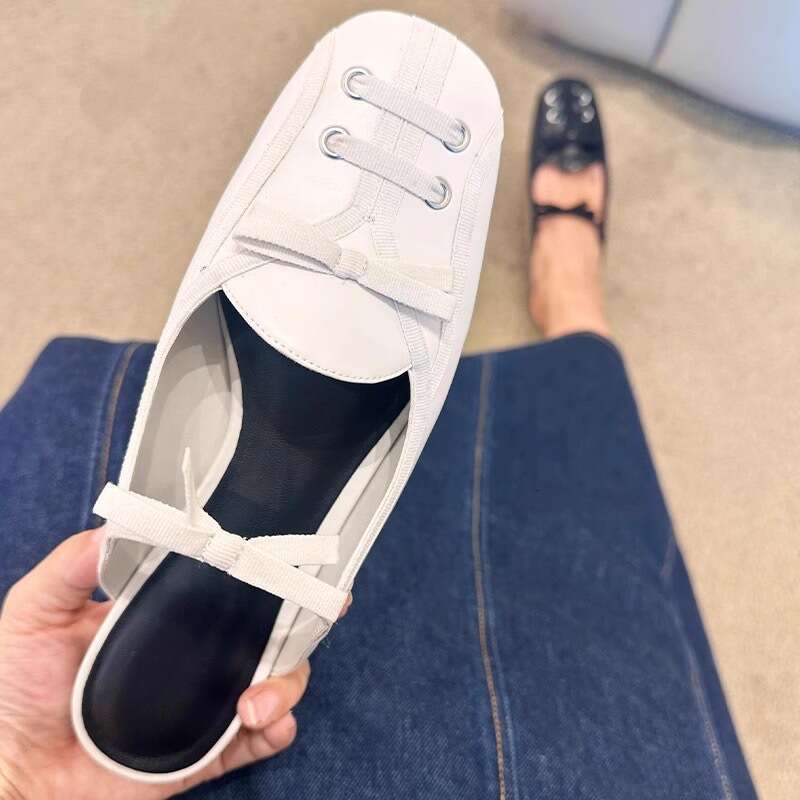 Genuine Leather Korean Style Bowknot Toe Cap Half Slippers for Women Outdoor 2025 New Spring Summer Fashion Flat Mules Sandals